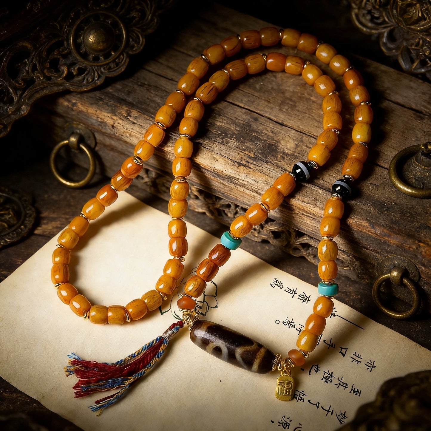 Original Tibetan-style bone barrel bead multi-loop bracelet Ethnic-style two-eyed dzi bead necklace