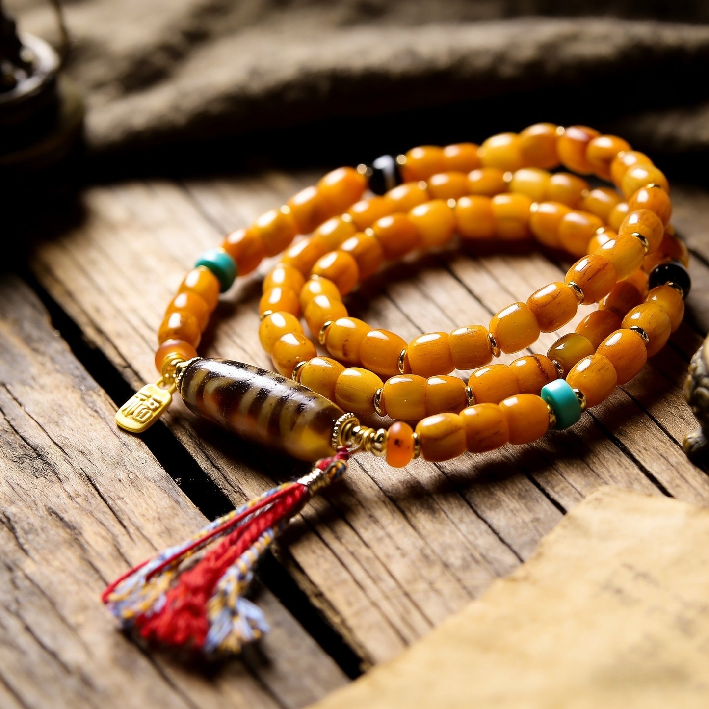 Original Tibetan-style bone barrel bead multi-loop bracelet Ethnic-style two-eyed dzi bead necklace