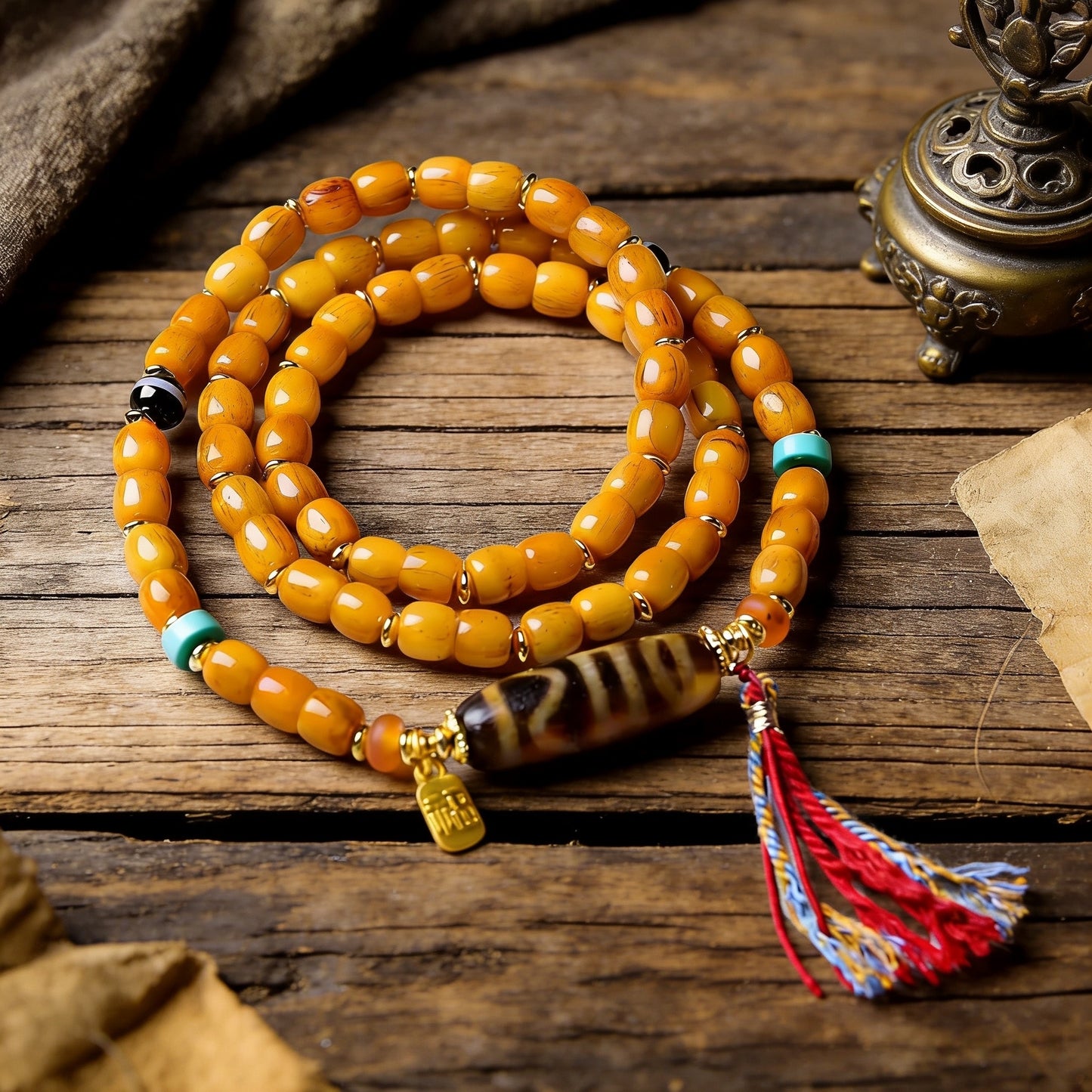 Original Tibetan-style bone barrel bead multi-loop bracelet Ethnic-style two-eyed dzi bead necklace