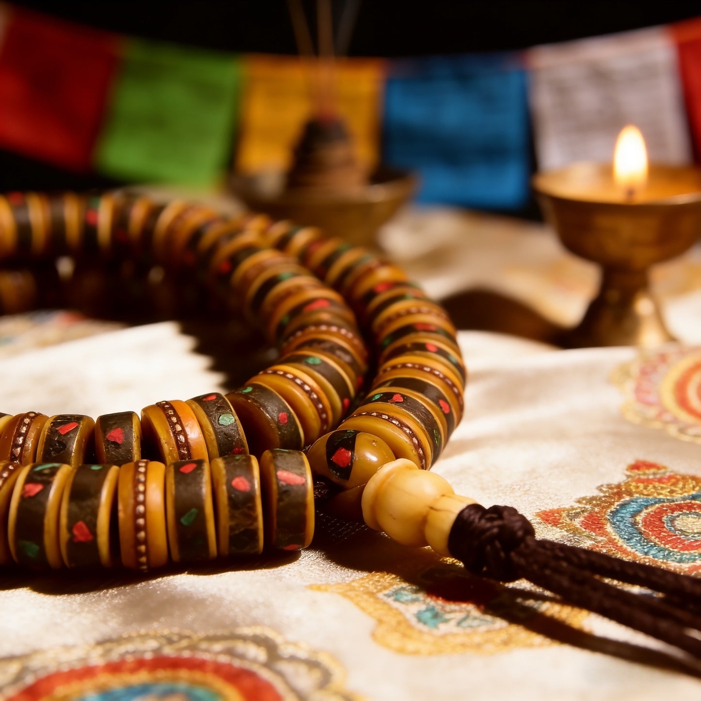 Authentic Tibetan 108 Yak Bone Mala, Hand-inlaid Colorful Tibetan Buddhist Prayer Beads, Meditation Spiritual Jewelry