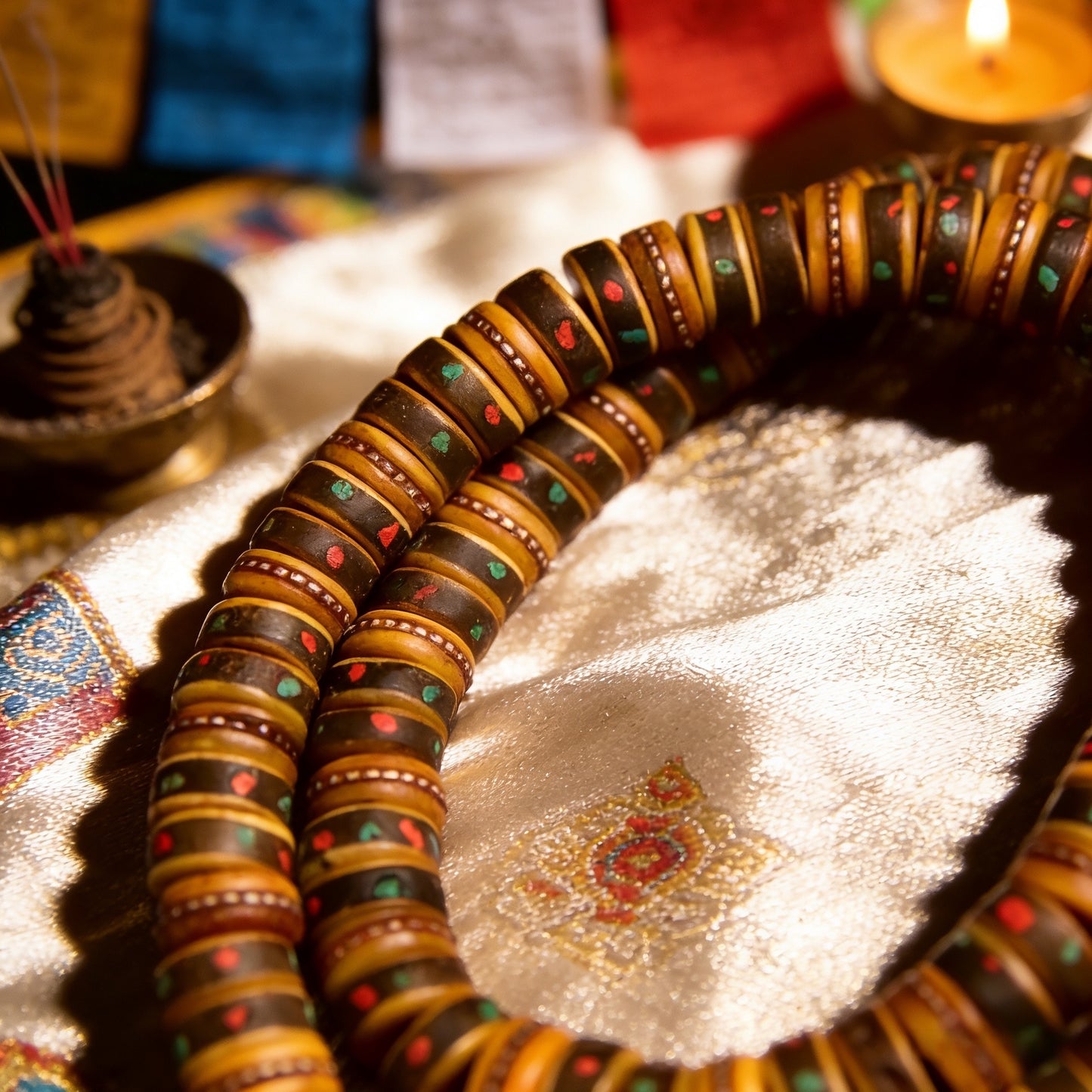 Authentic Tibetan 108 Yak Bone Mala, Hand-inlaid Colorful Tibetan Buddhist Prayer Beads, Meditation Spiritual Jewelry