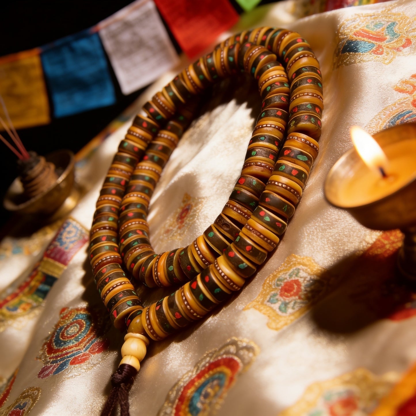 Authentic Tibetan 108 Yak Bone Mala, Hand-inlaid Colorful Tibetan Buddhist Prayer Beads, Meditation Spiritual Jewelry