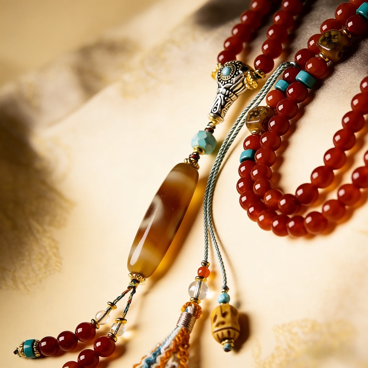 Handmade Tibetan 108 Mala Beads, Natural Red Agate Prayer Beads with Dzi Bead & Citipati Amulet, Tibetan Buddhist Meditation Mala