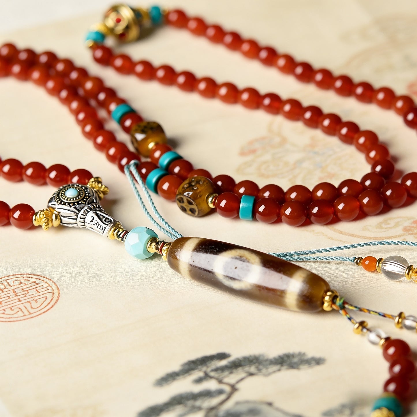Handmade Tibetan 108 Mala Beads, Natural Red Agate Prayer Beads with Dzi Bead & Citipati Amulet, Tibetan Buddhist Meditation Mala