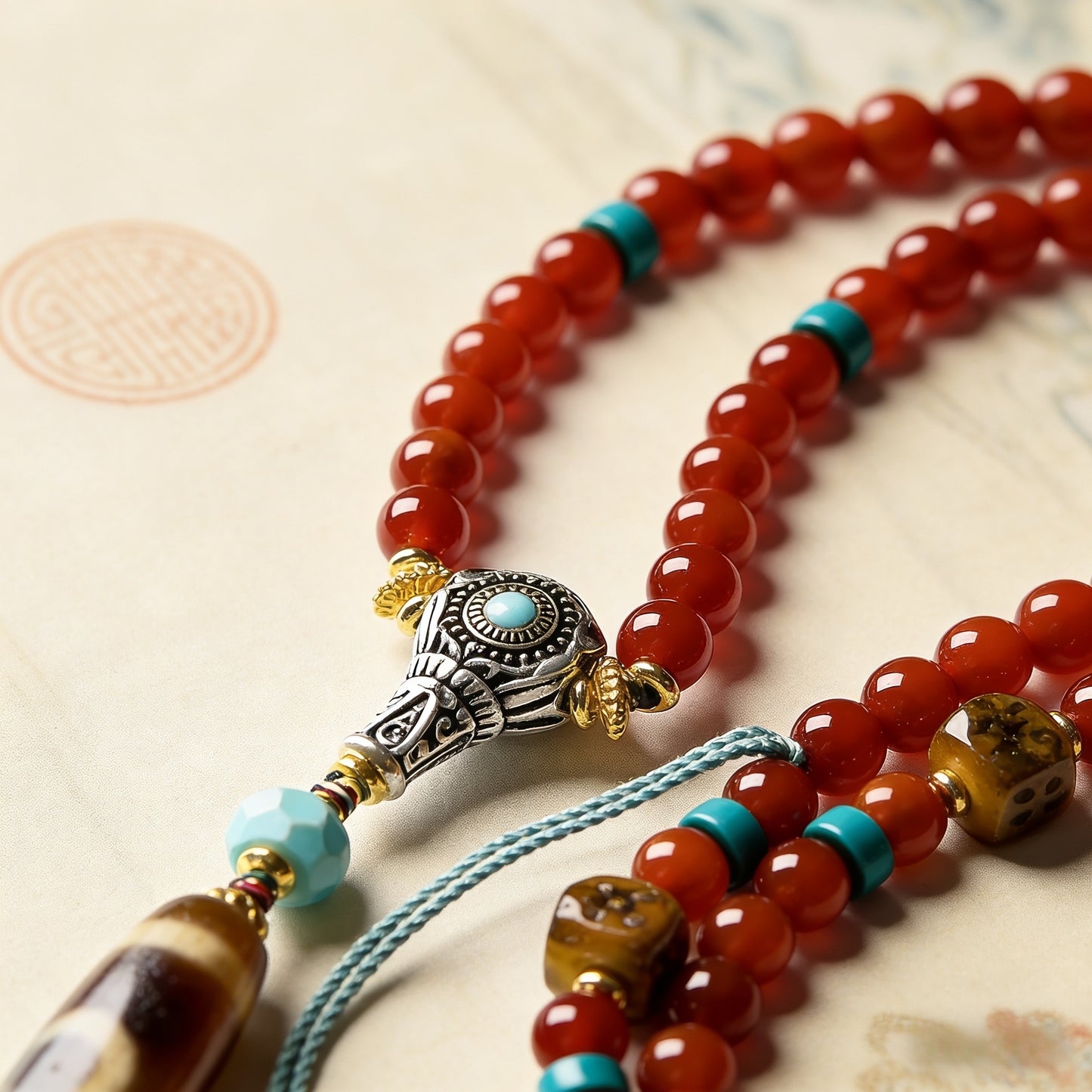 Handmade Tibetan 108 Mala Beads, Natural Red Agate Prayer Beads with Dzi Bead & Citipati Amulet, Tibetan Buddhist Meditation Mala