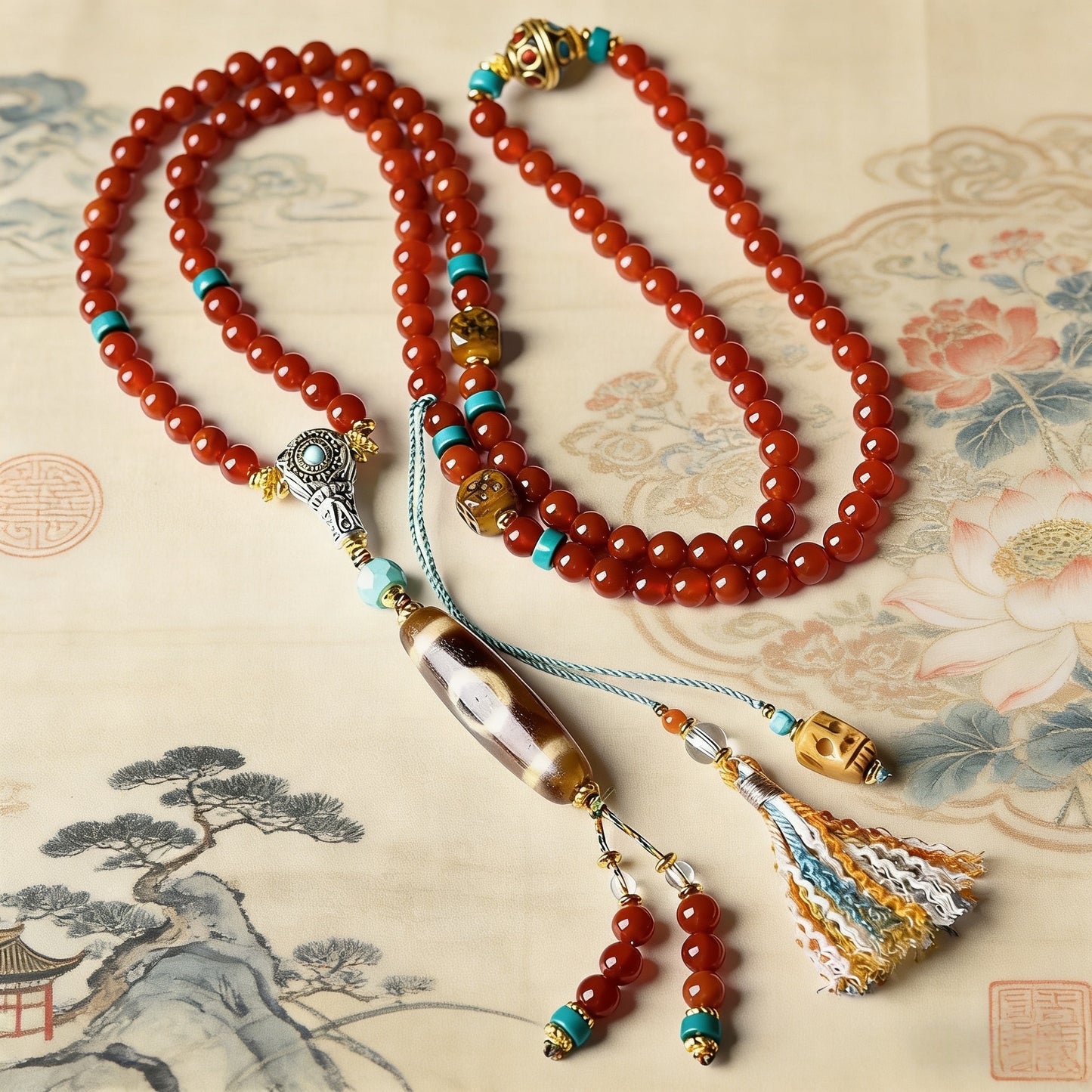 Handmade Tibetan 108 Mala Beads, Natural Red Agate Prayer Beads with Dzi Bead & Citipati Amulet, Tibetan Buddhist Meditation Mala