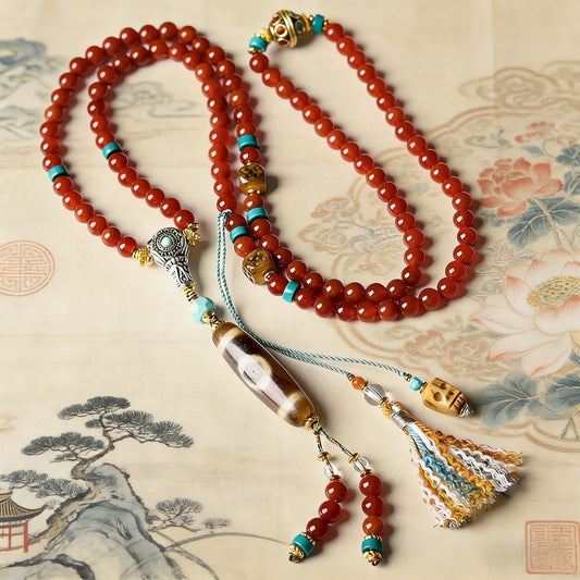 Handmade Tibetan 108 Mala Beads, Natural Red Agate Prayer Beads with Dzi Bead & Citipati Amulet, Tibetan Buddhist Meditation Mala