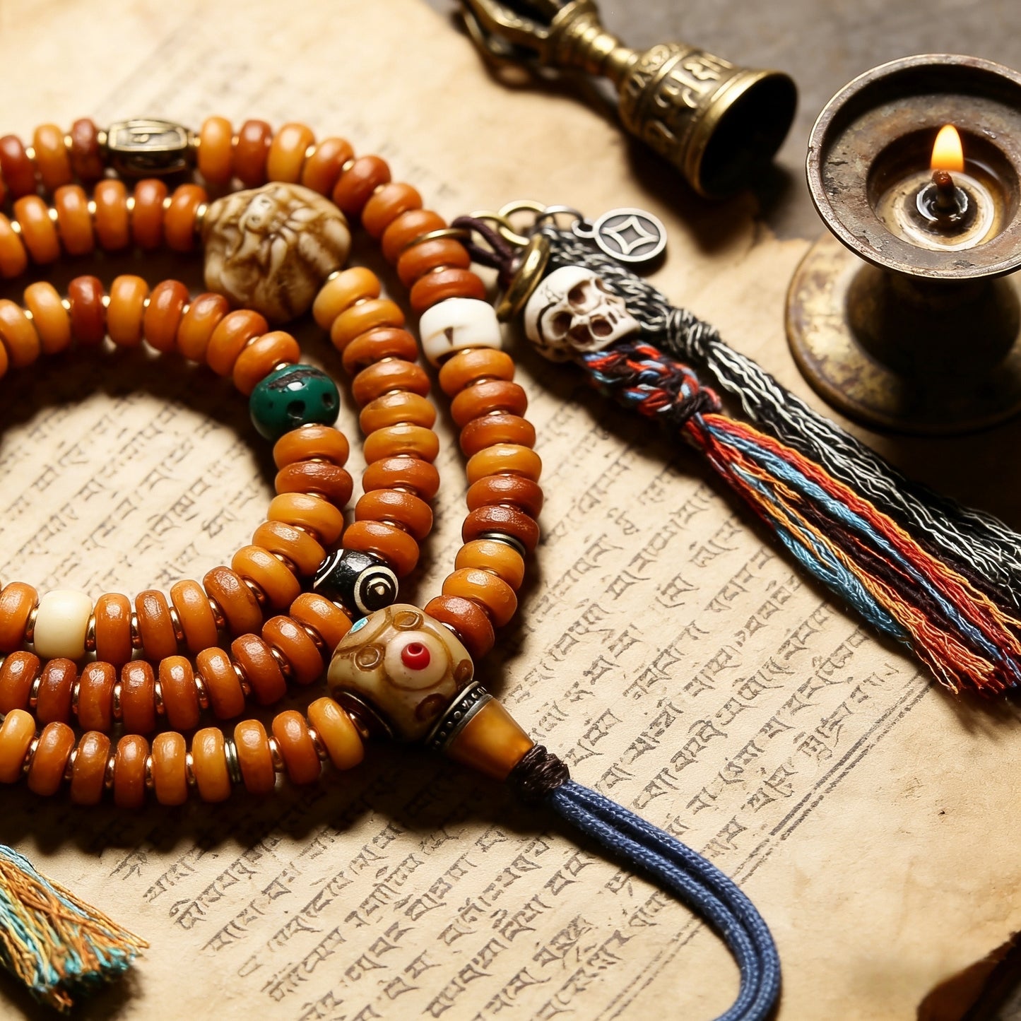 Tibetan 108 Mala Beads, Handmade Yak Bone Mala Necklace with Skull Amulet, Turquoise & Agate Spacer Beads, Buddhist Prayer Beads for Meditation, Yoga, Spiritual Protection, Vintage Tibetan Jewelry for Men & Women