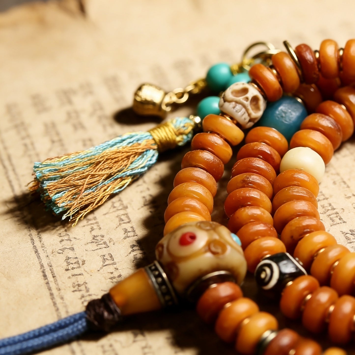 Tibetan 108 Mala Beads, Handmade Yak Bone Mala Necklace with Skull Amulet, Turquoise & Agate Spacer Beads, Buddhist Prayer Beads for Meditation, Yoga, Spiritual Protection, Vintage Tibetan Jewelry for Men & Women
