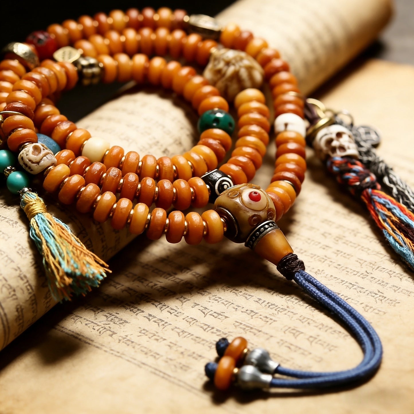 Tibetan 108 Mala Beads, Handmade Yak Bone Mala Necklace with Skull Amulet, Turquoise & Agate Spacer Beads, Buddhist Prayer Beads for Meditation, Yoga, Spiritual Protection, Vintage Tibetan Jewelry for Men & Women