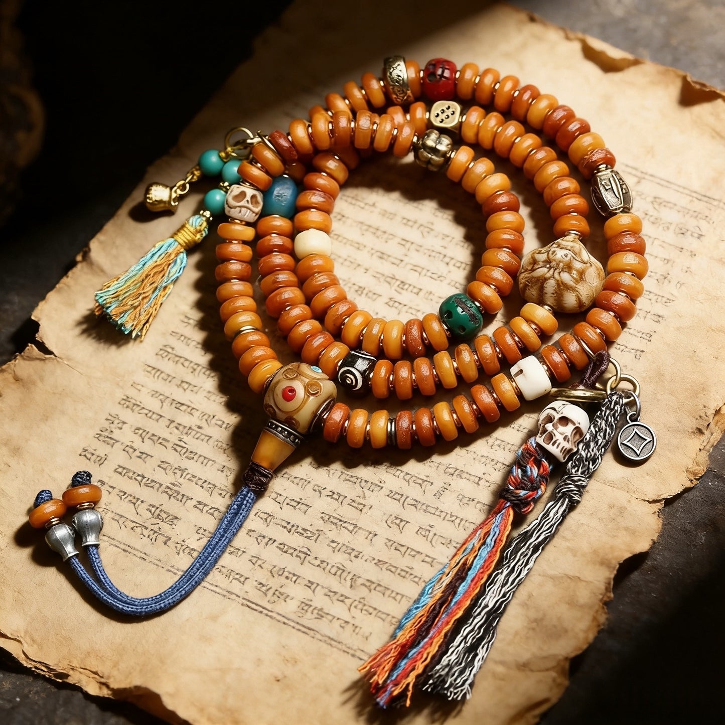 Tibetan 108 Mala Beads, Handmade Yak Bone Mala Necklace with Skull Amulet, Turquoise & Agate Spacer Beads, Buddhist Prayer Beads for Meditation, Yoga, Spiritual Protection, Vintage Tibetan Jewelry for Men & Women