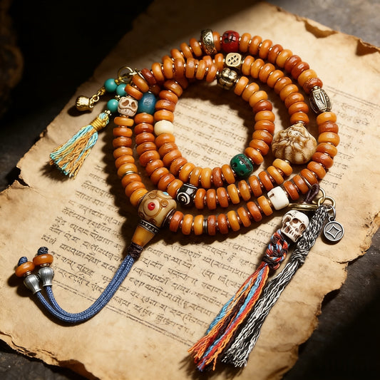 Tibetan 108 Mala Beads, Handmade Yak Bone Mala Necklace with Skull Amulet, Turquoise & Agate Spacer Beads, Buddhist Prayer Beads for Meditation, Yoga, Spiritual Protection, Vintage Tibetan Jewelry for Men & Women